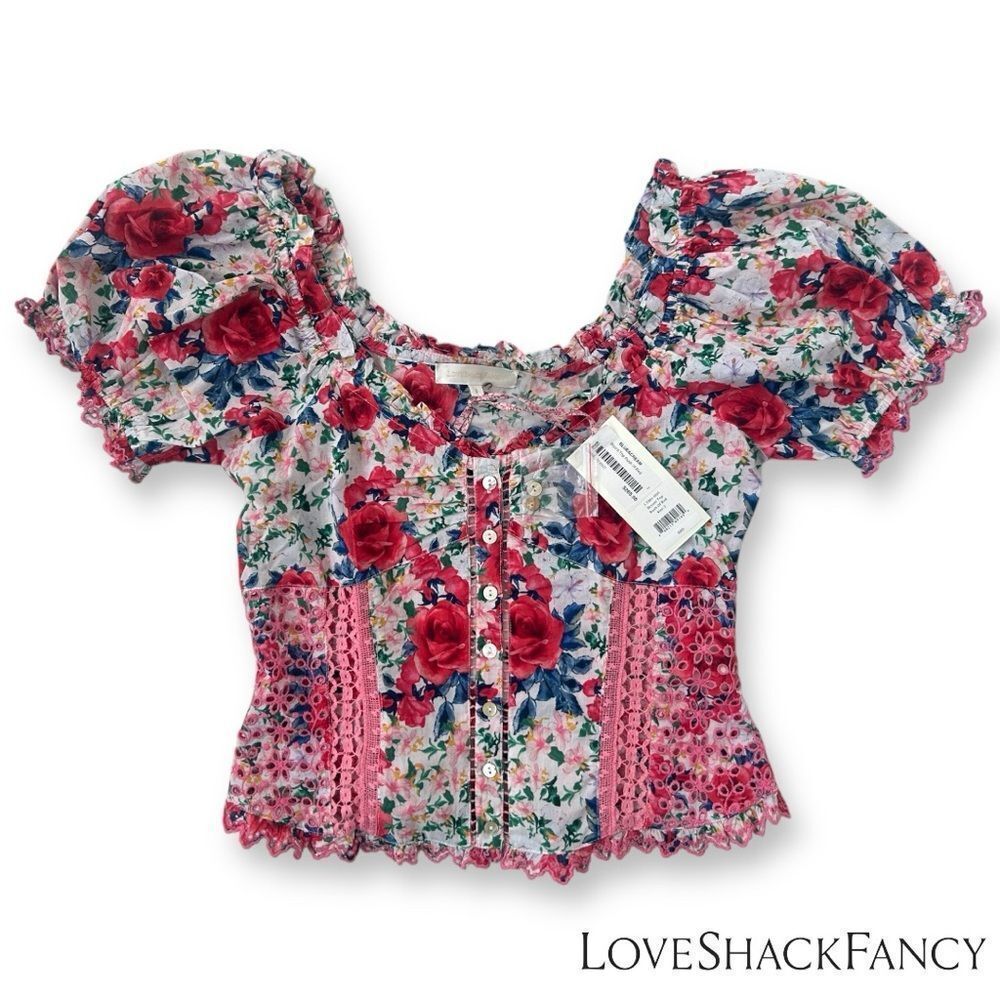 LoveShackFancy **NWT** Bryant Ruffle Trim Button Front Top in Rush of Red Floral - Picture 16 of 16